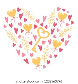 Valentines day heart shape made of objects for concept and design, vector illustration flat, pink and gold. Hearts, key, heart shape balloon and herbs on white background.