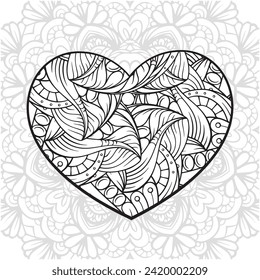 Valentine's Day heart shape mandala. Lovely intricate antistress coloring page.