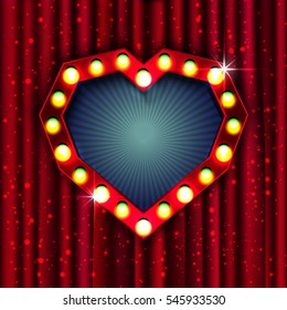 Valentine`s Day, heart shape on red curtains background . Vector retro light sign. 