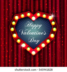 Valentine`s Day, heart shape on red curtains background . Vector retro light sign. 