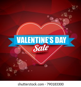 Valentines day heart shape sale label or sticker on abstract red background with blur lights. Vector sales poster or banner design template