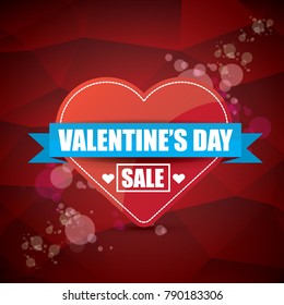 Valentines day heart shape sale label or sticker on abstract red background with blur lights. Vector sales poster or banner design template