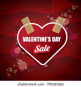 Valentines day heart shape sale label or sticker on abstract red background with blur lights. Vector sales poster or banner design template