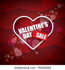 Valentines day heart shape sale label or sticker on abstract red background with blur lights. Vector sales poster or banner design template