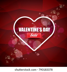 Valentines day heart shape sale label or sticker on abstract red background with blur lights. Vector sales poster or banner design template