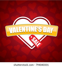 Valentines day heart shape sale label or sticker on abstract red background with hearts. Vector sales poster or banner design template