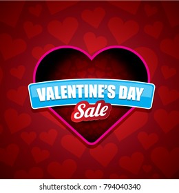 Valentines day heart shape sale label or sticker on abstract red background with hearts. Vector sales poster or banner design template