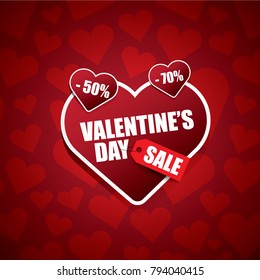 Valentines day heart shape sale label or sticker on abstract red background with hearts. Vector sales poster or banner design template