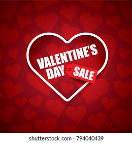 Valentines day heart shape sale label or sticker on abstract red background with hearts. Vector sales poster or banner design template