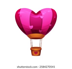 Valentines day heart shaped air balloon. Cartoon symbol of love journey and travel for Valentine holiday celebration. Isolated vector balloon with pink stripes and basket ready for romantic adventure