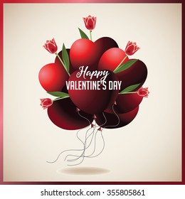 Valentine's Day heart shaped balloons with red tulips. EPS 10 vector illustration.