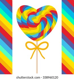 Valentine's Day Heart shaped candy lollipops with bow, colorful spiral candy cane with bright rainbow stripes. on stick with twisted design on white background with bright rainbow stripes. Vector
