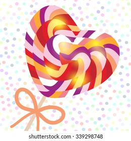 Valentine's Day Heart shaped  candy lollipops with bow, colorful spiral candy cane. Candy on stick with twisted design on white abstract geometric retro polka dot background. Vector