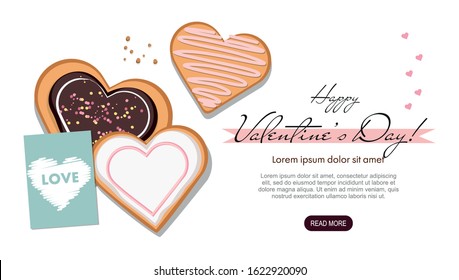 Valentine's day. Heart shaped cookies and postcard on white. Top view. Landing page template. 