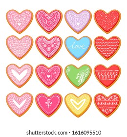 Valentine's day heart shaped decorated cookies set vector illustration.