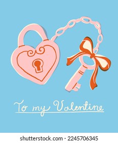 Valentine's Day heart shaped lock and a key with a ribbon. Romantic holiday celebration in vintage style. Design for a postcard, banner or a poster.