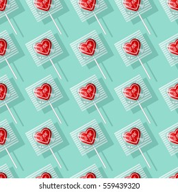Valentine's Day heart shaped lollipops seamless pattern. Retro candy design, be mine.