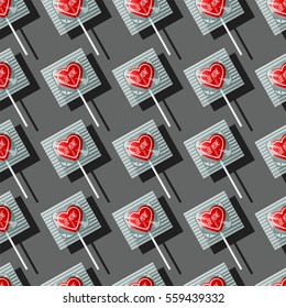 Valentine's Day heart shaped lollipops seamless pattern. Retro candy design, be mine.