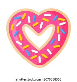 Valentine's Day heart shaped pink donut with icing. Vector cartoon isolated illustration.