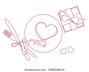 Valentine's Day heart shaped red ribbon over plate with silverware and gift box