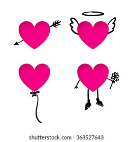 Valentine's Day heart stickers with doodle details. Heart cut out on a paper with arrow, heart balloon, heart-angel with wings and a halo, heart with flower and roller rides on a date in doodle style.