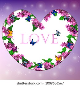Valentines day heart with syringa or lilac flower and butterfly. Vector illustration. great design for valentine or invitation
