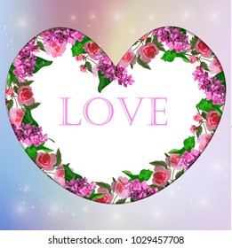Valentines day heart with syringa and rose flower. Vector illustration. Wallpaper, flyers, invitation, posters, brochure, banners.