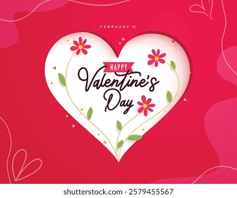 Valentine's day heart template clipart design. Happy valentine's greeting text clip art with flowers and vines elements in red abstract background. 
