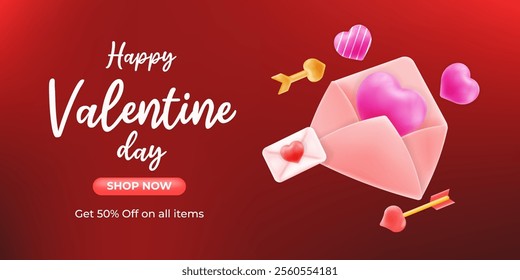 Valentine's Day! Heart touching design, with love letters, hearts and arrows. Enjoy 50% off all items. Shop now, gifts. offers, banners, envelopes, red backgrounds
