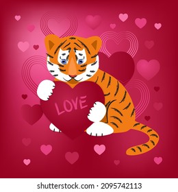 Valentine's day. Heart valentine postcard with cute tiger on pink, red gradient background. Vector illustration for textile, fabric, wallpaper, wrapping, giftwrap, paper, scrapbook and packaging.