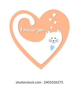 Valentines Day heart with white Cat, 2024 Peach Fuzz color trend, element design for lovers. Greeting card. 