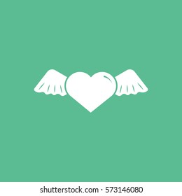 Valentines Day Heart With Wings Flat Icon On Green Background