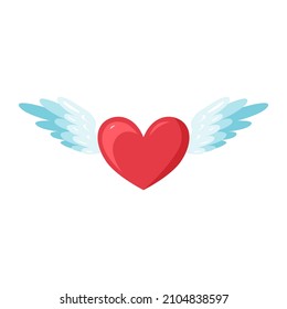 Valentine's Day. A heart with wings. Valentine's Day greeting for your loved one. Icon, clipart for dating site, coffee shop, cards, invitations. Vector flat art illustration, cartoon style.