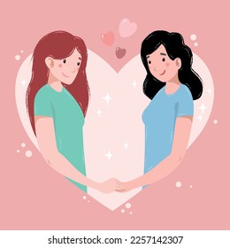 valentine's day, in the heart of a young couple of girls in love, cartoon style
