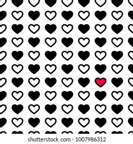 Valentine's day hearts in black and white color, seamless pattern. Monochrome vector illustration. Romantic texture design