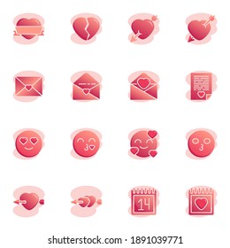 Valentines day hearts collection flat icons set, Colorful symbols pack contains - romantic emoji blow kiss, valentines calendar day, broken heart, email message. Vector illustration. Flat style design
