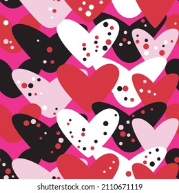 Valentine's Day Hearts With Confetti In Red, Pink, Black, And White On A Hot Pink Background. Celebration Vector Illustration For Weddings, Greeting Cards, Event Invitations, Birthdays, And Print.