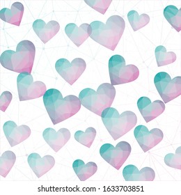 Valentine's Day hearts cover. Polygonal hearts in teal and purple colors. Appealing digital design. Classy vector illustration.