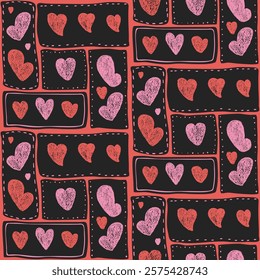 Valentines day hearts crayon drawn seamless pattern. Modular repeat background. Love symbols bento box geometric endless backdrop. Surface pattern design romantic date motif. Vector hand drawn cover.