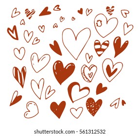 Valentines day hearts, decorative elements, hand drawn vector illustration. Sketched romantic heart set, ink collection