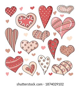 Valentine's Day. Hearts doodles collection isolated on white background. Symbol of love. All objects separate. Hand-drawn. Vector illustration. 