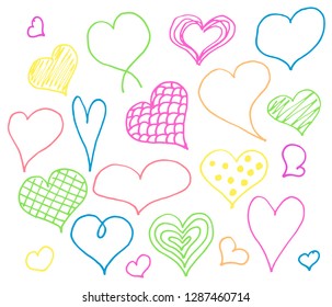 Valentines day hearts doodles set. Romantic stickers collection. Hand drawn effect vector