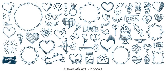 Valentines day. Hearts doodles set. Romantic stickers collection. Hand drawn effect vector. Wedding and marriage doodles. Love theme simple sketches. Hearts patch badges.