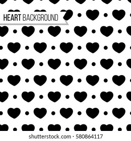 Valentine's day hearts and dots in black color on white background, seamless pattern. Monochrome vector illustration. Romantic repeated endless texture design