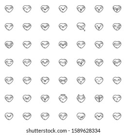 Valentine's day hearts emoji line icons set. linear style symbols collection, Heart shaped emoticon outline signs pack. vector graphics. Set includes icons happy mood expression, sad emotion, smiley