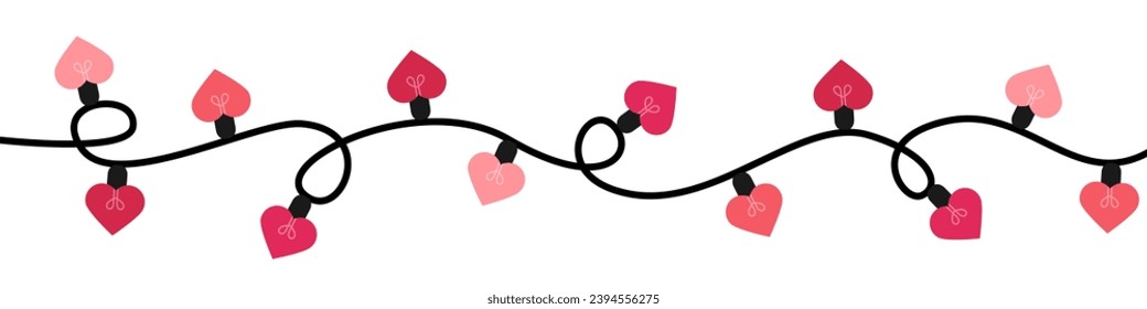 Valentines day hearts garland string. Valentines day decoration with bright lights.Heart light garland. Pink light bulbs for decoration .Pink heart shaped fairy lights. Heart garland seamless border.