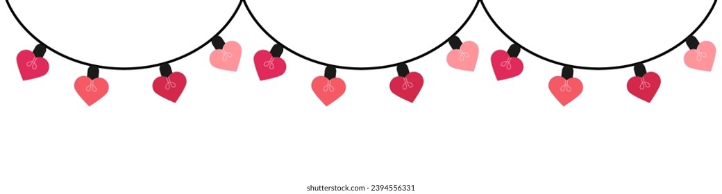 Valentines day hearts garland string. Valentines day decoration with bright lights.Heart light garland. Pink light bulbs for decoration .Pink heart shaped fairy lights. Heart garland seamless border.