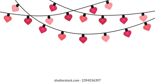 Valentines day hearts garland string. Valentines day decoration with bright lights.Heart light garland. Pink light bulbs for decoration .Pink heart shaped fairy lights. Heart garland seamless border.