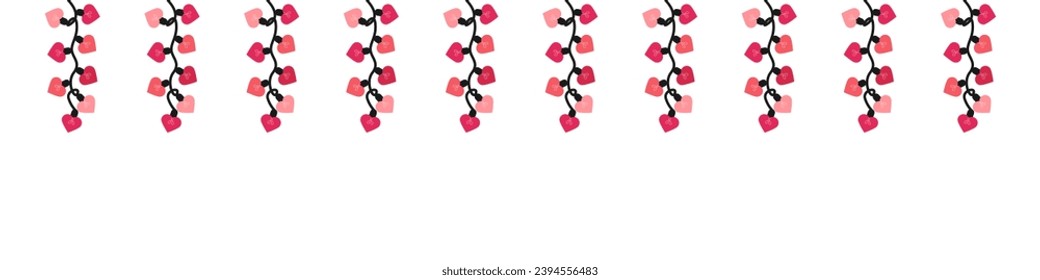 Valentines day hearts garland string. Valentines day decoration with bright lights.Heart light garland. Pink light bulbs for decoration .Pink heart shaped fairy lights. Heart garland seamless border.