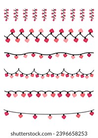 Valentines day hearts garland string. Valentines day decoration with bright lights.Heart light garland. Pink light bulbs for decoration .Pink heart shaped fairy lights. Heart garland seamless border.
